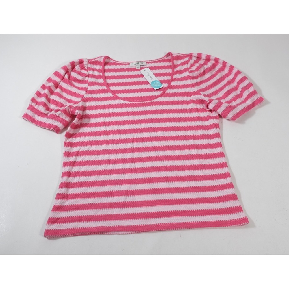 Liverpool Tee Womens Large Pink Round Knit Short Sleeve Striped Puff Shoulder